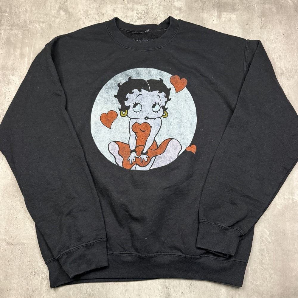 Betty Boop Sweater Long Sleeve Crewneck Black Medium Graphic Big Logo